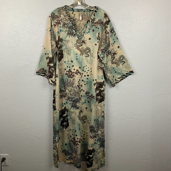 Natori Dresses & Skirts - Elegant Beige and Teal Patterned Dress